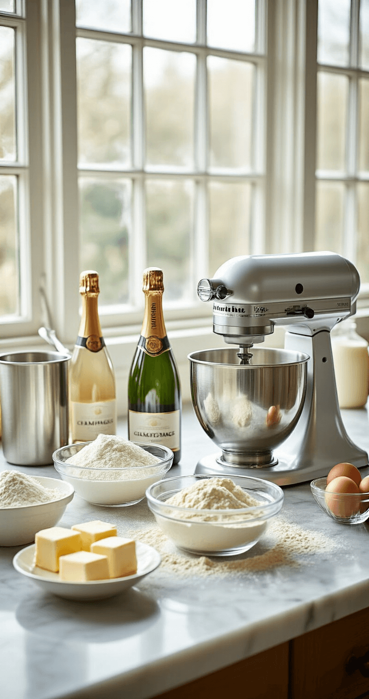 Close-up of a professional kitchen countertop featuring champagne bottles, cake flour, and egg whites in crystal bowls, with a stand mixer and softening butter, all illuminated by soft natural light, evoking luxury and precision.