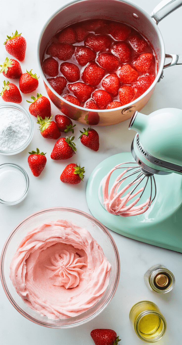 Overhead view of a sunlit kitchen with fresh strawberries on a marble surface, a copper pot of simmering strawberry puree, a stand mixer whipping pale pink buttercream, and vintage glass jars of powdered sugar and vanilla extract, all warmly illuminated.