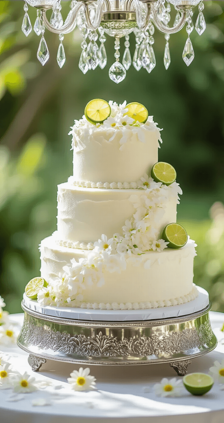 Tropical Elegance: Coconut Wedding Cake with Zesty Lime Filling Elegant three-tiered coconut wedding cake on a silver stand, adorned with white coconut flakes and lime zest curls, surrounded by edible flowers and lime slices in a romantic garden setting.