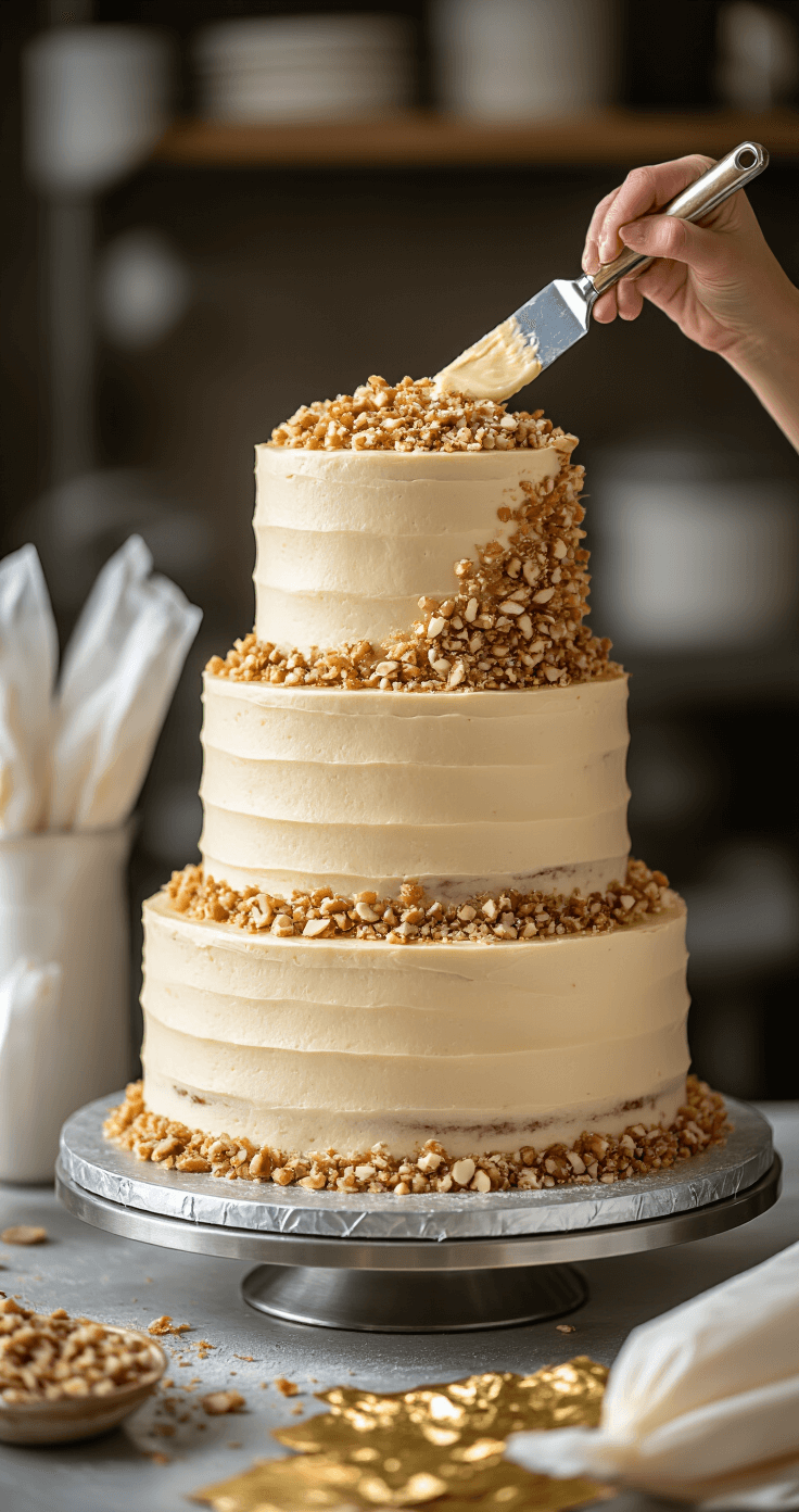Hazelnut Praline Wedding Cake: A Luxurious Celebration Dessert A three-tiered hazelnut wedding cake is mid-assembly on a rotating silver cake stand in a professional kitchen, with brown butter buttercream being applied and crushed praline pieces cascading down one side, illuminated by soft studio lighting.
