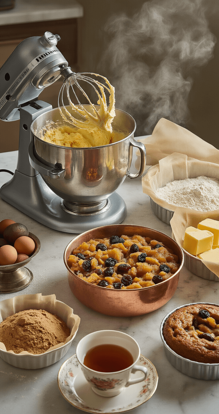 Classic Fruit Wedding Cake: A Timeless Celebration Masterpiece A professional baker's kitchen featuring a stand mixer with creamed butter-sugar, a copper bowl with soaked fruit mixture, vintage scale bowls with measured ingredients, parchment-lined cake tins, a floured marble countertop, and a steaming cup of tea, all bathed in soft, diffused light.