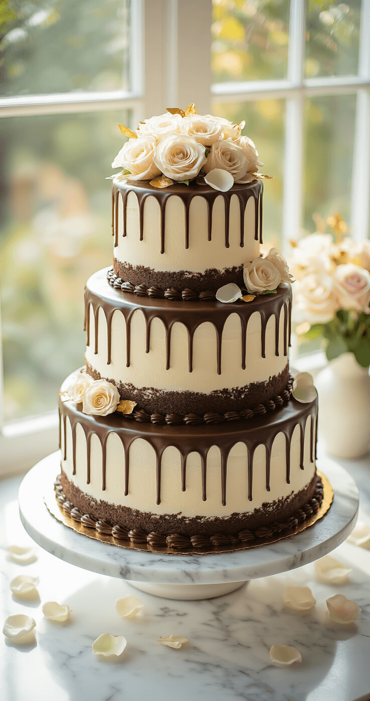 Triple Chocolate Ganache Wedding Cake: The Ultimate Decadent Celebration Dessert Professional overhead view of a three-tiered chocolate wedding cake being decorated on a white marble countertop, featuring golden light, chocolate drips, scattered rose petals, and gold leaf accents.
