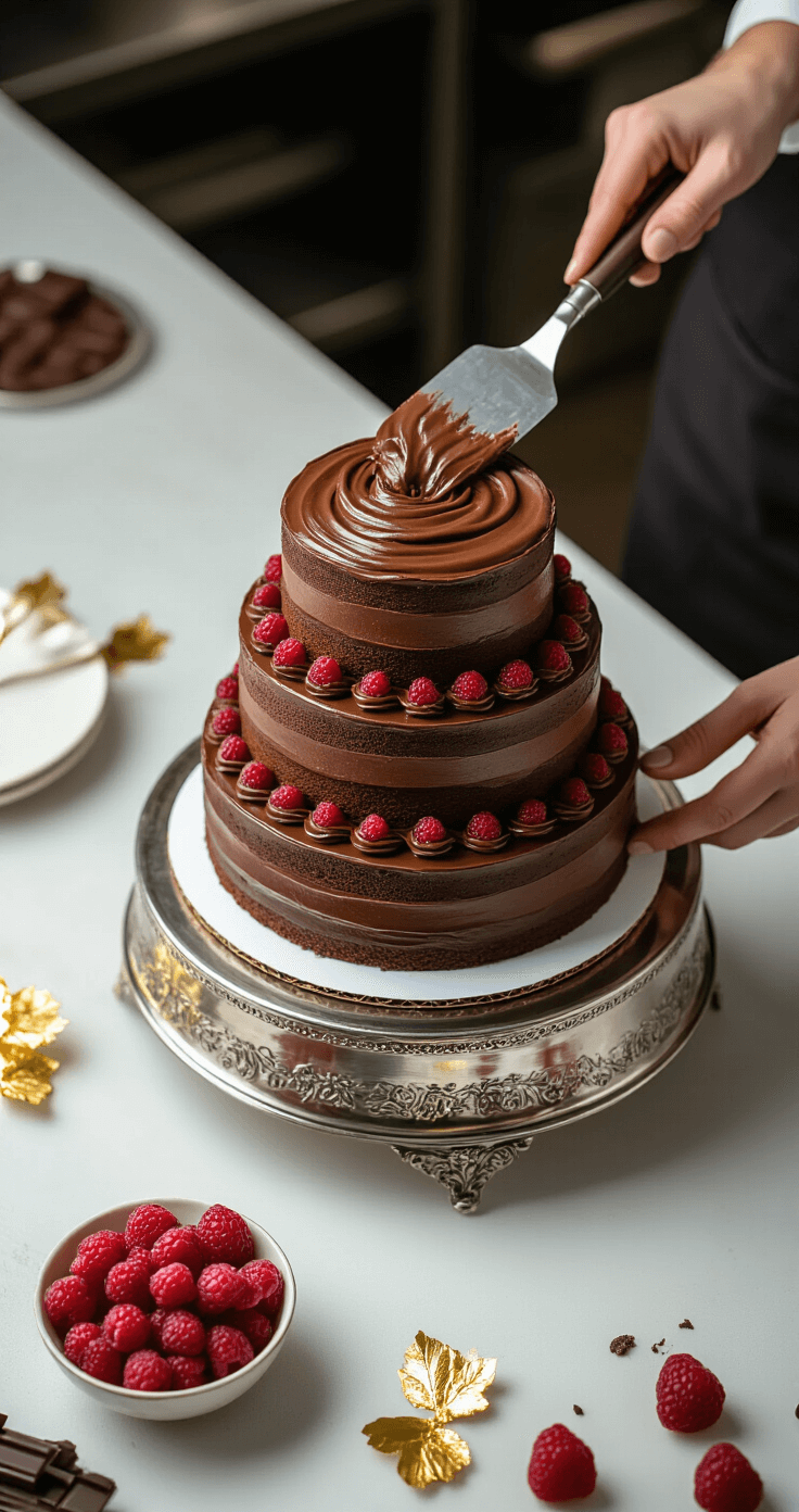 A dramatic overhead view of a three-tiered chocolate wedding cake being assembled on a silver stand, featuring rich chocolate layers and silky mousse, with decorative elements like gold leaf, raspberries, and chocolate shavings, as a pastry chef's hands expertly stack the layers.