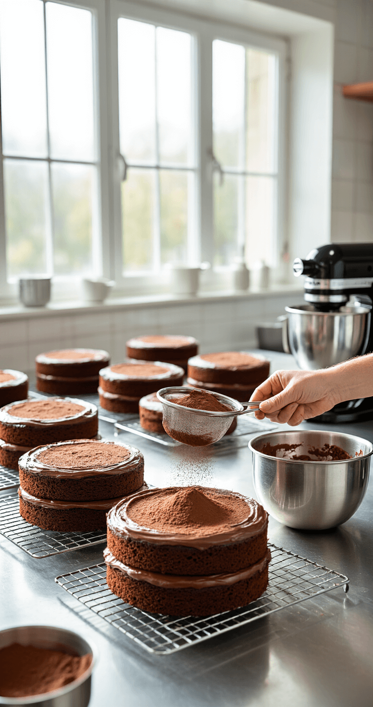 A professional kitchen filled with natural light, featuring cooling layers of chocolate sponge cake on wire racks, while a chef delicately sifts cocoa powder over a stainless steel workspace surrounded by mixing bowls and a stand mixer.