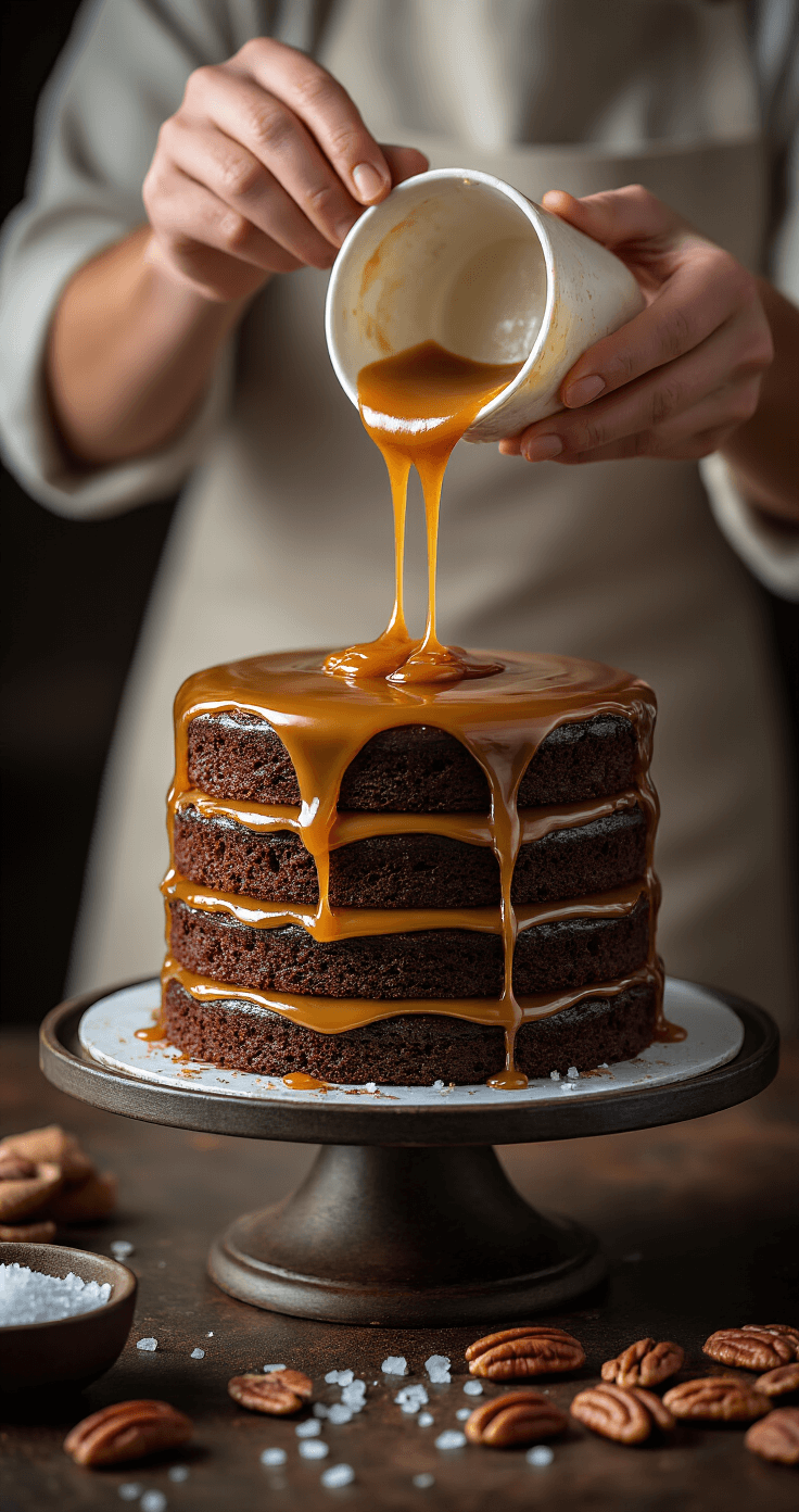 Decadent Chocolate Caramel Pecan Wedding Cake A baker's hands pouring glossy amber caramel between dark chocolate cake layers on a rotating stand, surrounded by toasted pecans and sea salt flakes, showcasing a rich contrast.
