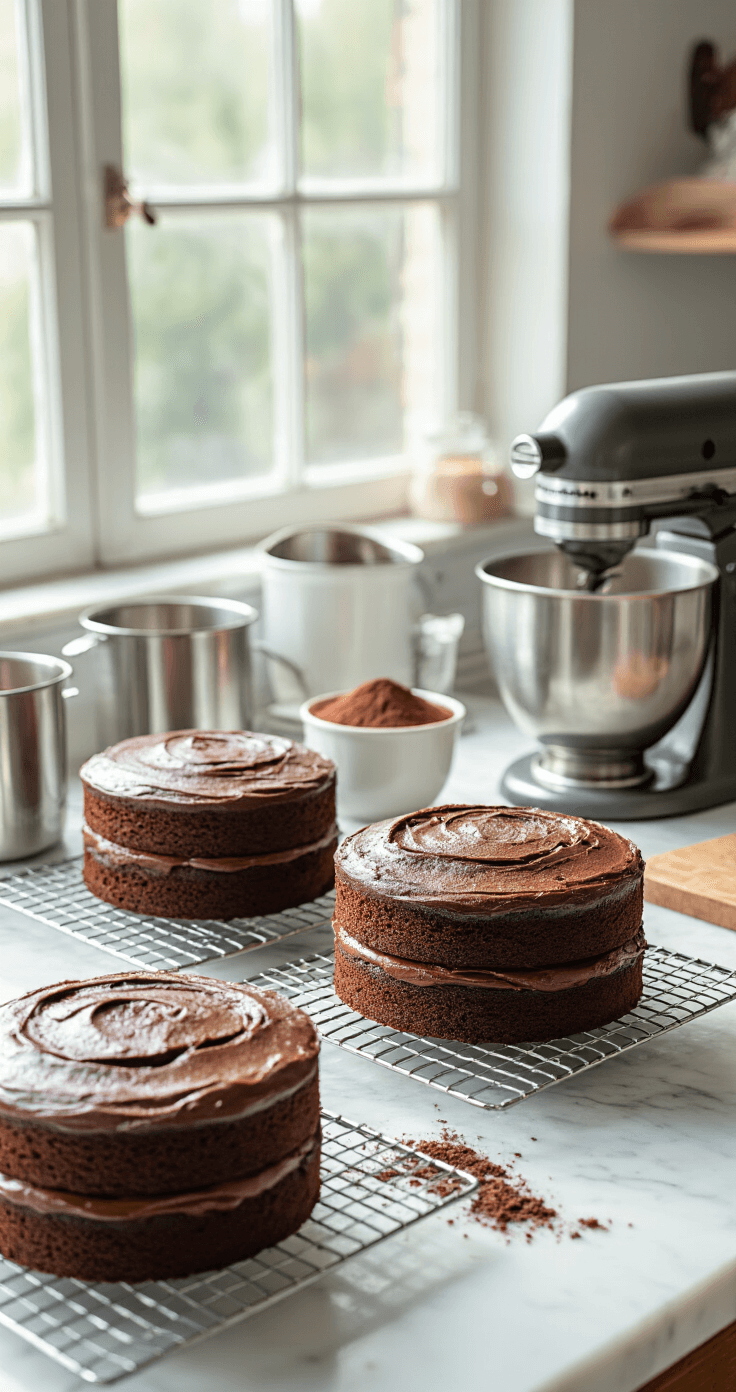Three chocolate cake layers cool on silver wire racks in a sunlit professional kitchen with a pristine marble countertop, surrounded by measuring cups, sifted cocoa powder, and a stand mixer, while natural light emphasizes the cake's texture.