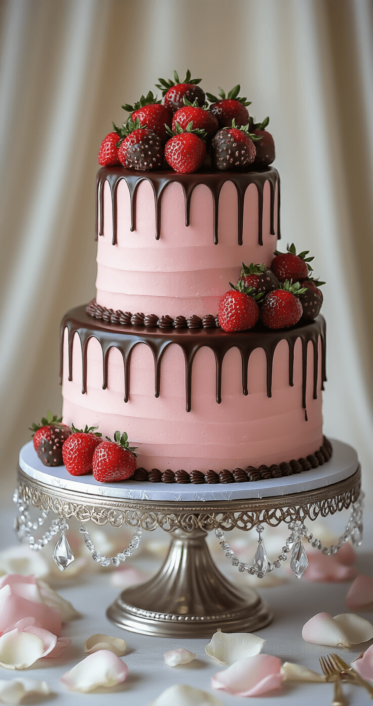 A luxurious three-tiered chocolate wedding cake on a silver stand, featuring dark chocolate ganache on pink strawberry buttercream, topped with chocolate-dipped strawberries, surrounded by rose petals and gold leaf accents under dramatic lighting.