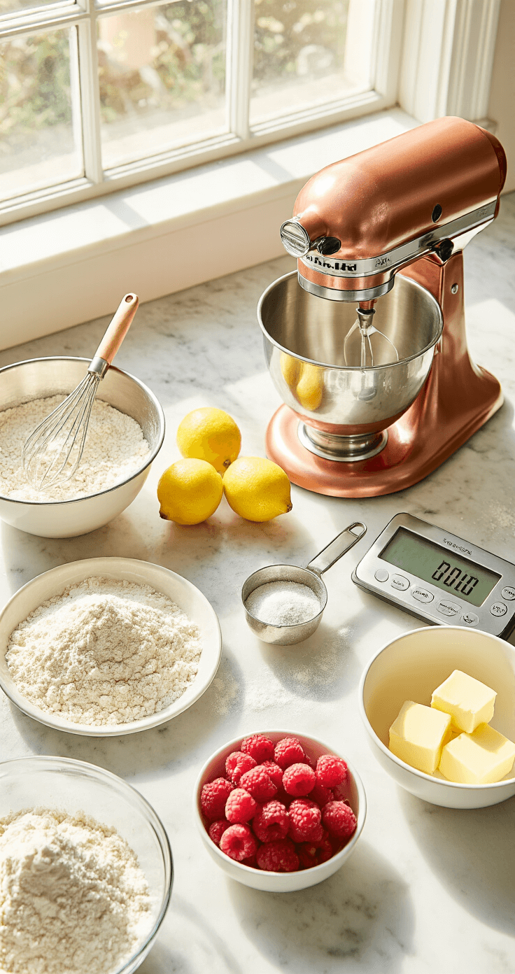 Cinematic overhead shot of a sunlit professional kitchen workspace featuring a marble countertop with measured ingredients for a wedding cake, including cake flour, fresh lemons, raspberries, and butter, alongside a copper stand mixer and baking tools.