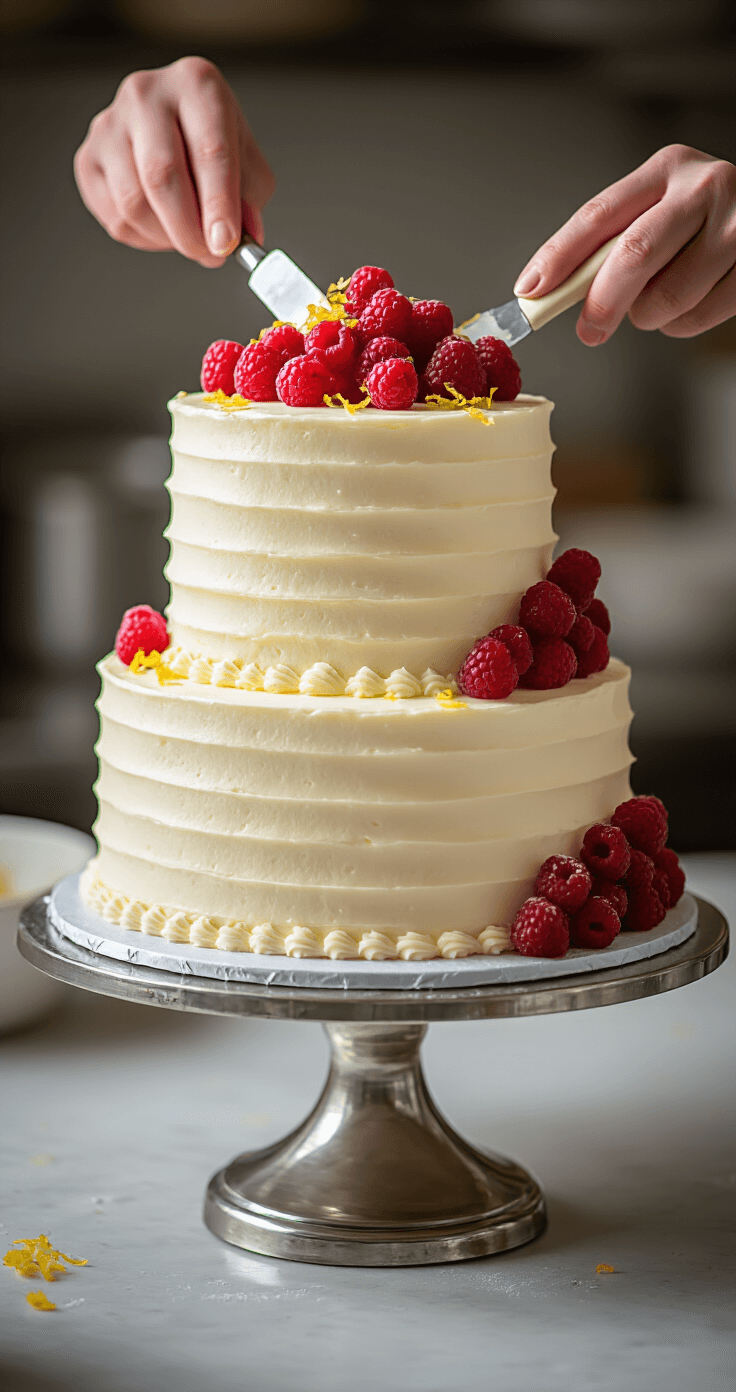 Close-up of a three-tiered wedding cake being assembled, featuring smooth pearl-white buttercream, fresh raspberries, and lemon zest, on a silver stand in a soft-focus pastry kitchen.