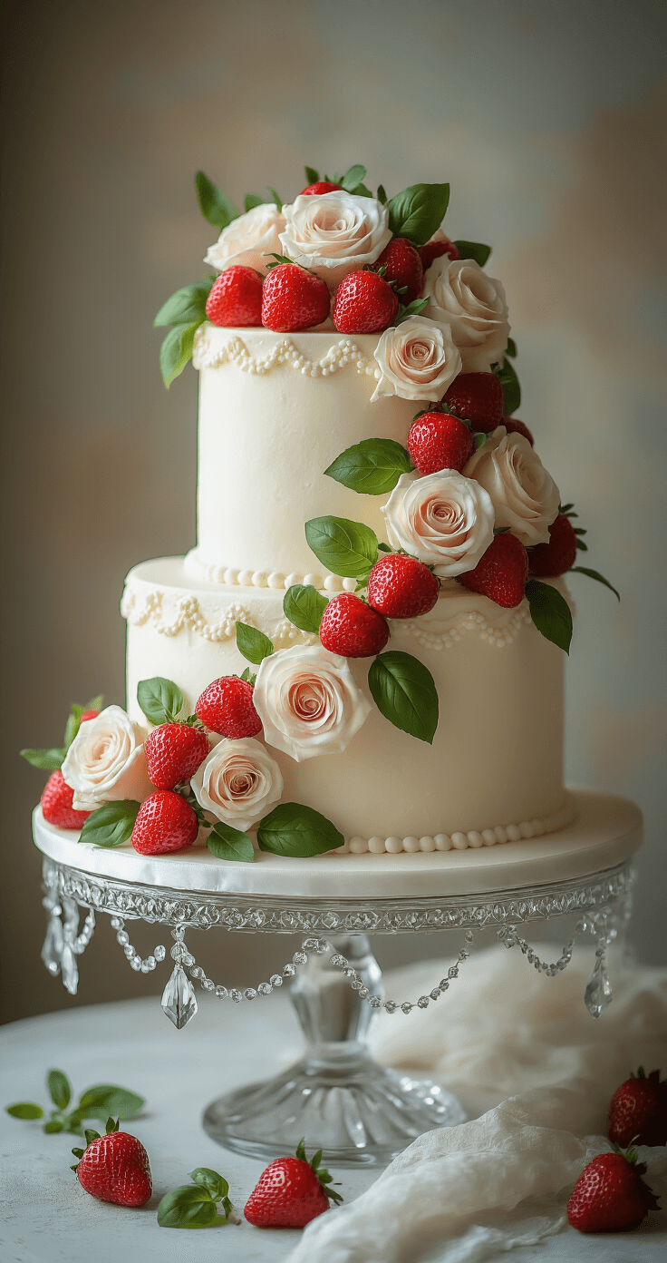 Elegant three-tiered wedding cake with fresh strawberry roses and basil leaves, adorned with pearl-white cream frosting on a crystal cake stand, set against a soft-focus vintage backdrop.