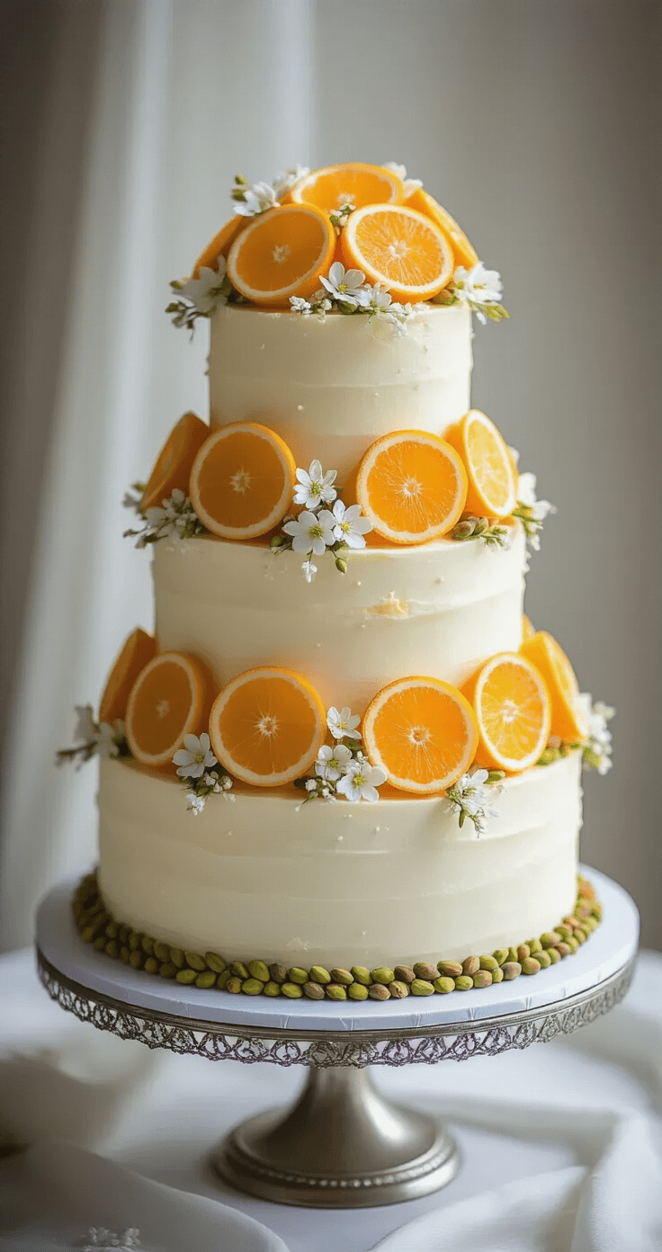 Three-tiered wedding cake adorned with cream cheese buttercream, fresh orange slices, edible flowers, and crystallized pistachios, displayed on a silver stand with dramatic lighting.