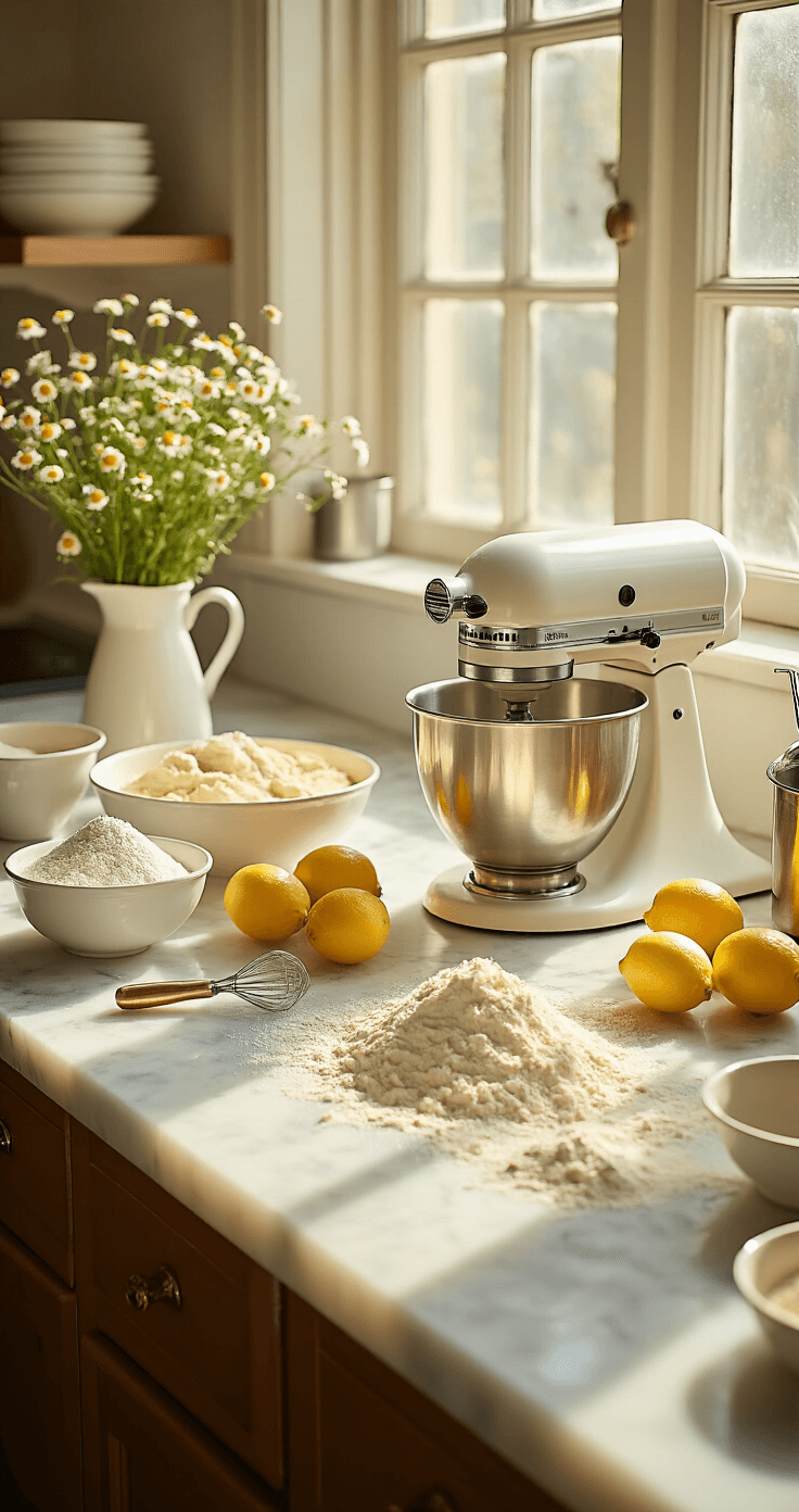 A sunlit kitchen countertop organized with ingredients for a wedding cake, including fresh chamomile flowers, bright lemons, and sifted flour, beside a vintage mixer and shining measuring tools, all bathed in warm afternoon light.
