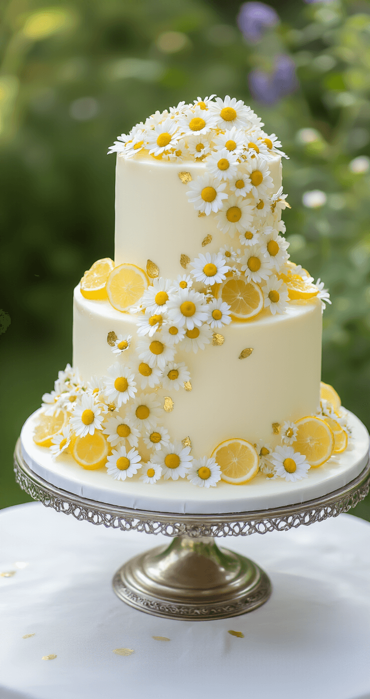 A breathtaking three-tiered wedding cake adorned with chamomile flowers and candied lemon slices, presented on an antique silver stand in a garden setting, enhanced by edible gold leaf and fresh blooms.