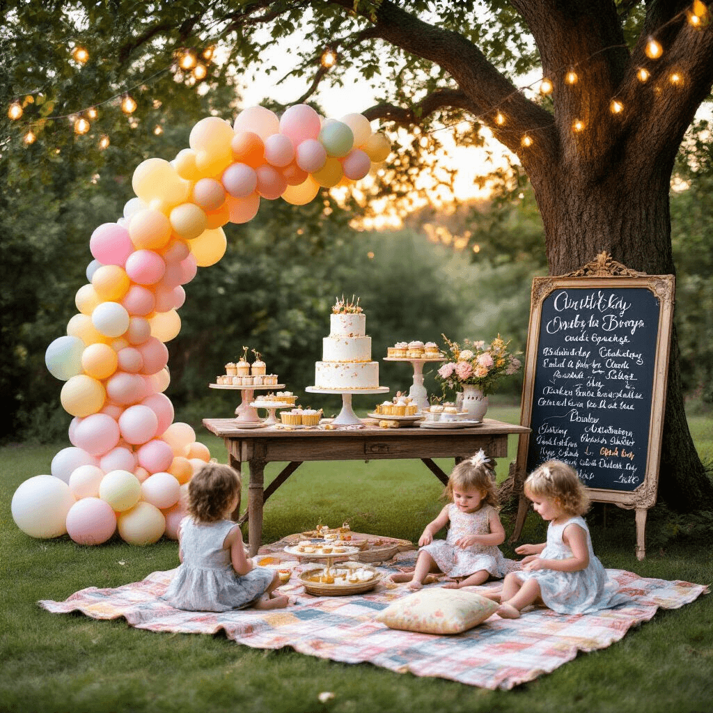 Ultimate Guide to Birthday Balloons: Transform Your Celebration with Colorful Style A whimsical backyard birthday celebration featuring a pastel ombré balloon arch, a rustic dessert table with a tiered cake and cupcakes, fairy lights, mismatched china, gold cutlery, and children playing on a picnic blanket, with oversized confetti balloons and a chalkboard sign detailing the festivities.