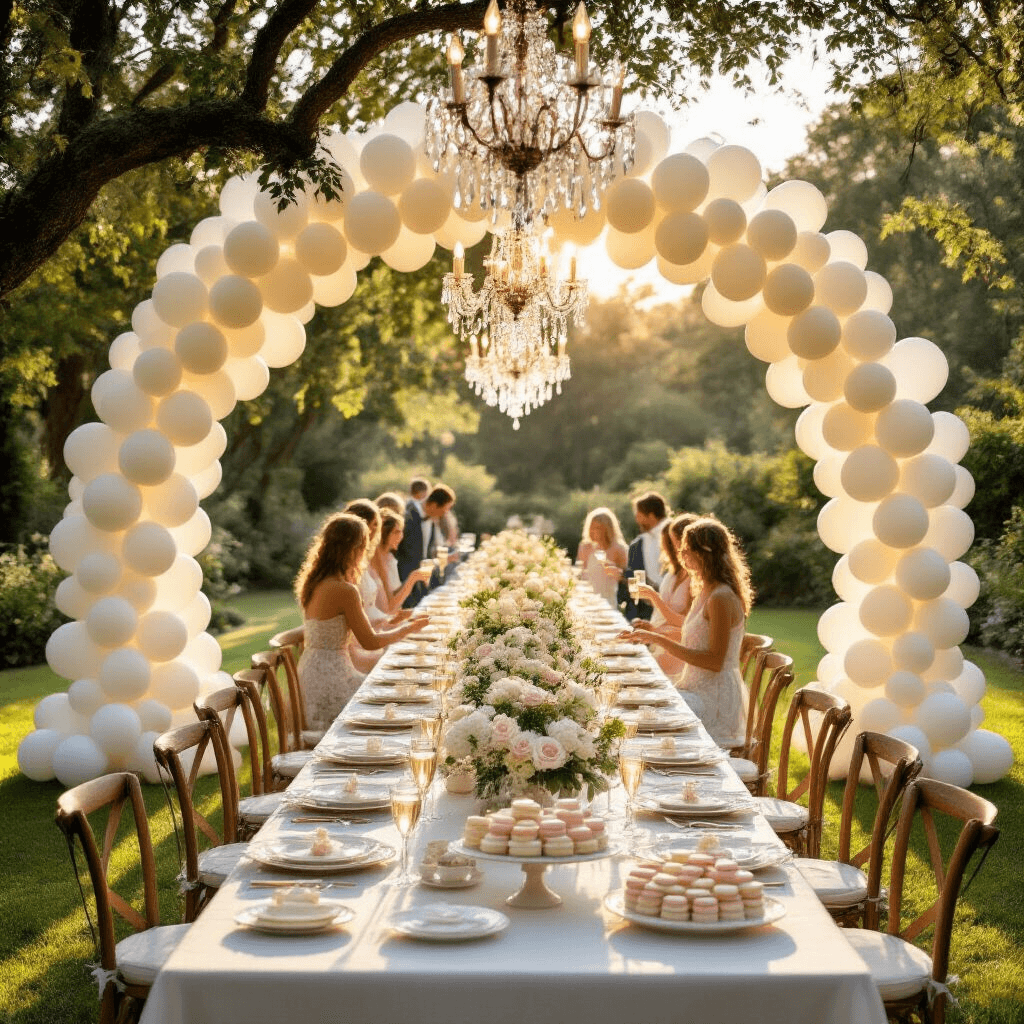 White Balloons: The Ultimate Guide to Versatile Event Decor A sunlit garden party with a white balloon arch framing a long farmhouse table set with elegant linens and floral centerpieces, crystal chandeliers hanging from trees, guests mingling and laughing on manicured grass, and a dessert cart filled with tiered cakes and pastel macarons, captured from an elevated angle.