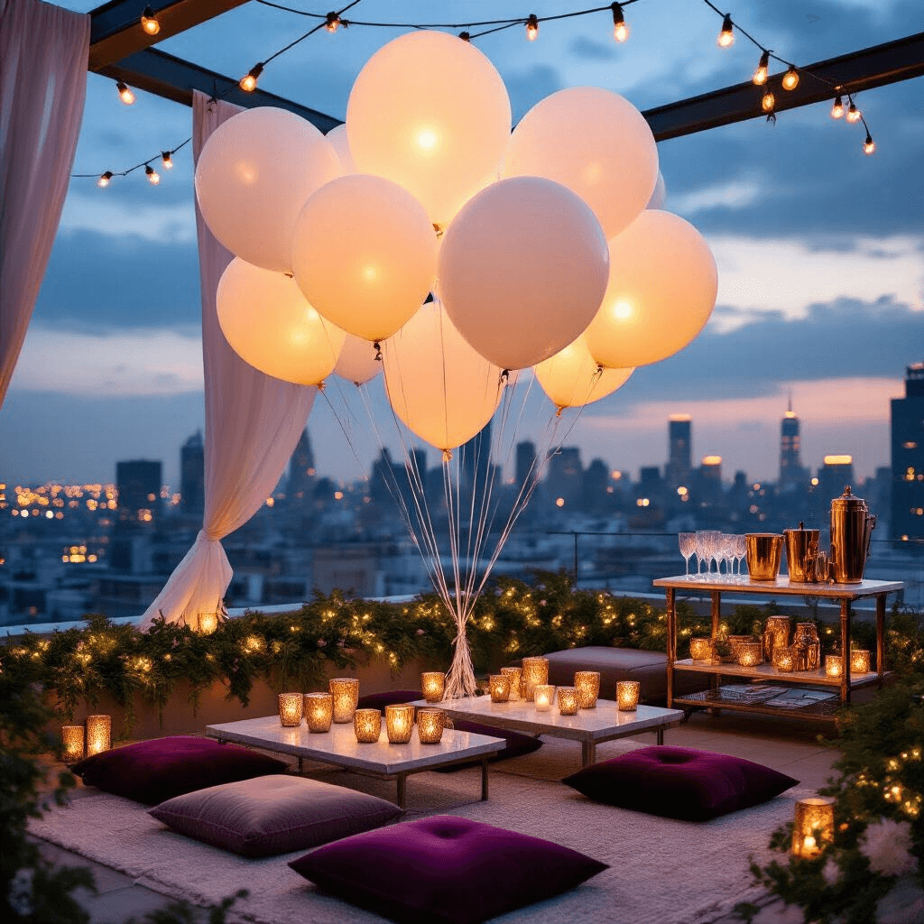 White Balloons: The Ultimate Guide to Versatile Event Decor An intimate rooftop celebration with oversized white balloons and twinkling fairy lights, featuring low tables with mercury glass votives and lush greenery, plush velvet cushions in jewel tones, a marble-topped bar cart, and string lights overhead, all set against a twilight cityscape.