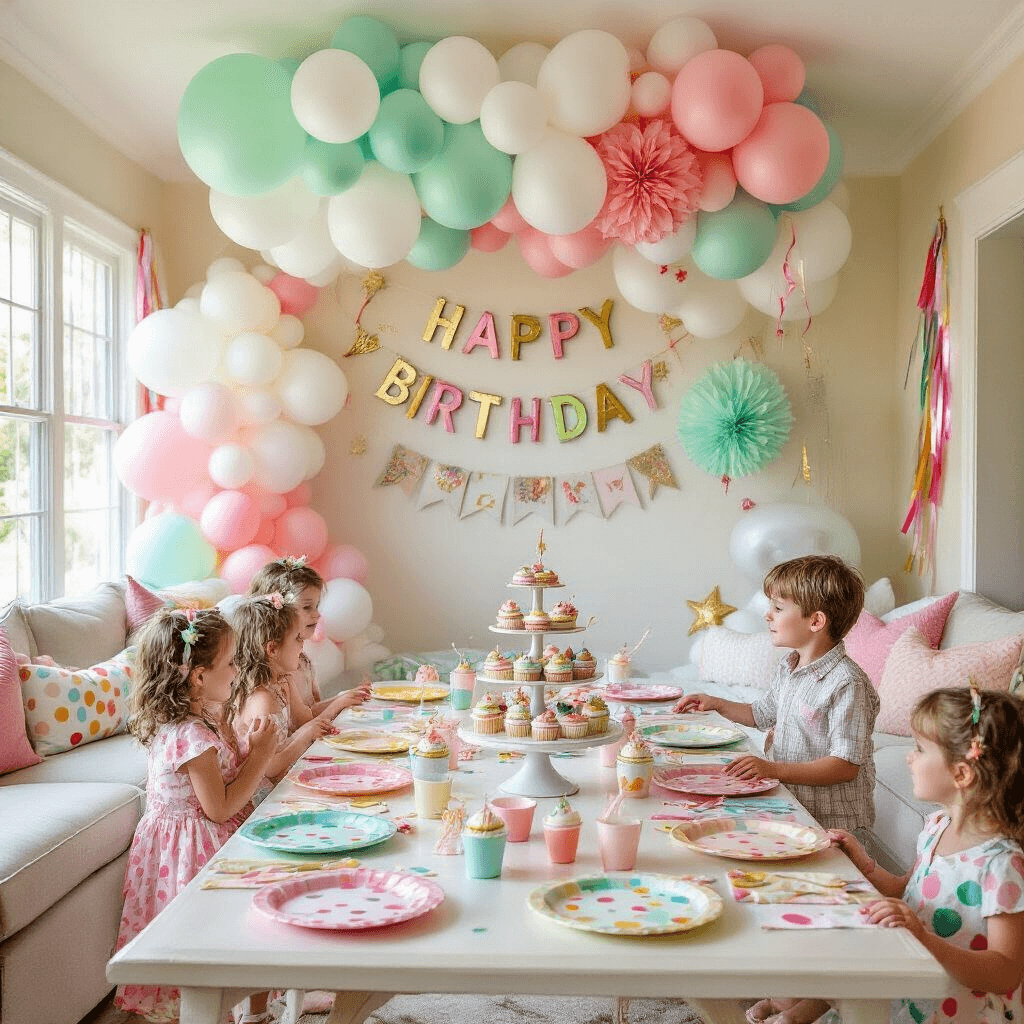 White Balloons: The Ultimate Guide to Versatile Event Decor A vibrant children's birthday party scene in a sunlit living room, featuring a cascading balloon installation, colorful table setting, oversized tissue paper flowers, metallic streamers, a hand-painted birthday banner, and a tiered cake stand with cupcakes.