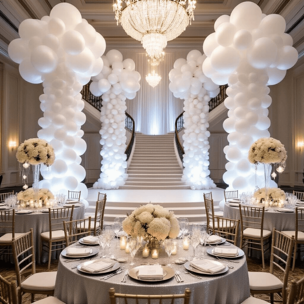 White Balloons: The Ultimate Guide to Versatile Event Decor Ethereal winter wonderland wedding reception in a grand ballroom, featuring balloon columns flanking a sweeping staircase, round tables with silver linens and elegant centerpieces, and a striking balloon wall backdrop adorned with snowflakes and fairy lights, captured from a low angle to highlight the grandeur.