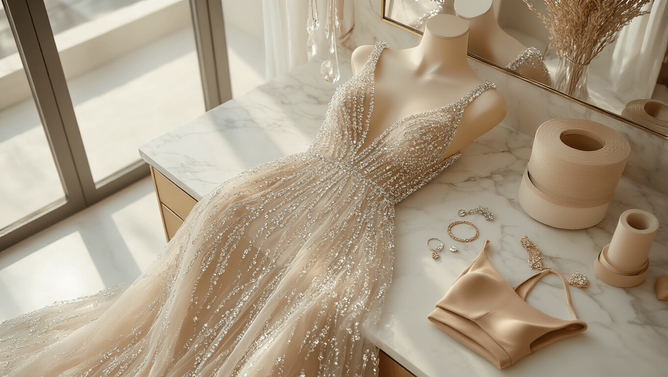 Elegant crystal-embellished mesh dress draped over a minimalist white marble vanity, surrounded by styling essentials in soft natural light.