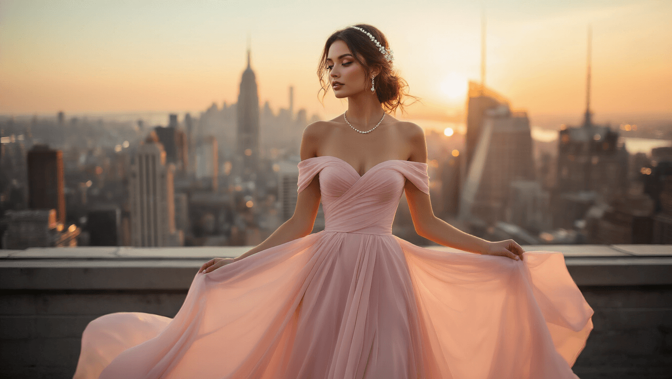 A model wearing a blush pink off-shoulder gown stands against a NYC skyline at sunset, captured from a low angle with soft bokeh lighting, pearl hair accessories, and minimal diamond jewelry, creating an elegant and dreamy atmosphere.