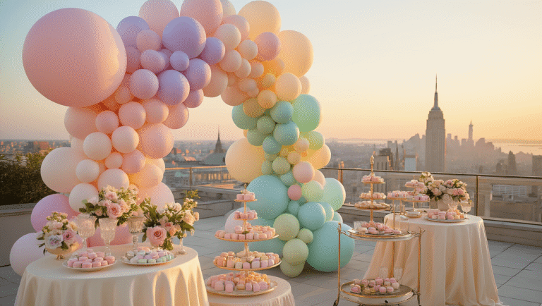 A luxurious rooftop terrace at golden hour featuring an elegant pastel balloon installation, cream silk-draped tables with floral centerpieces, a vintage dessert cart, and a stunning city skyline backdrop, all enhanced by warm sunset light and ethereal string lights.