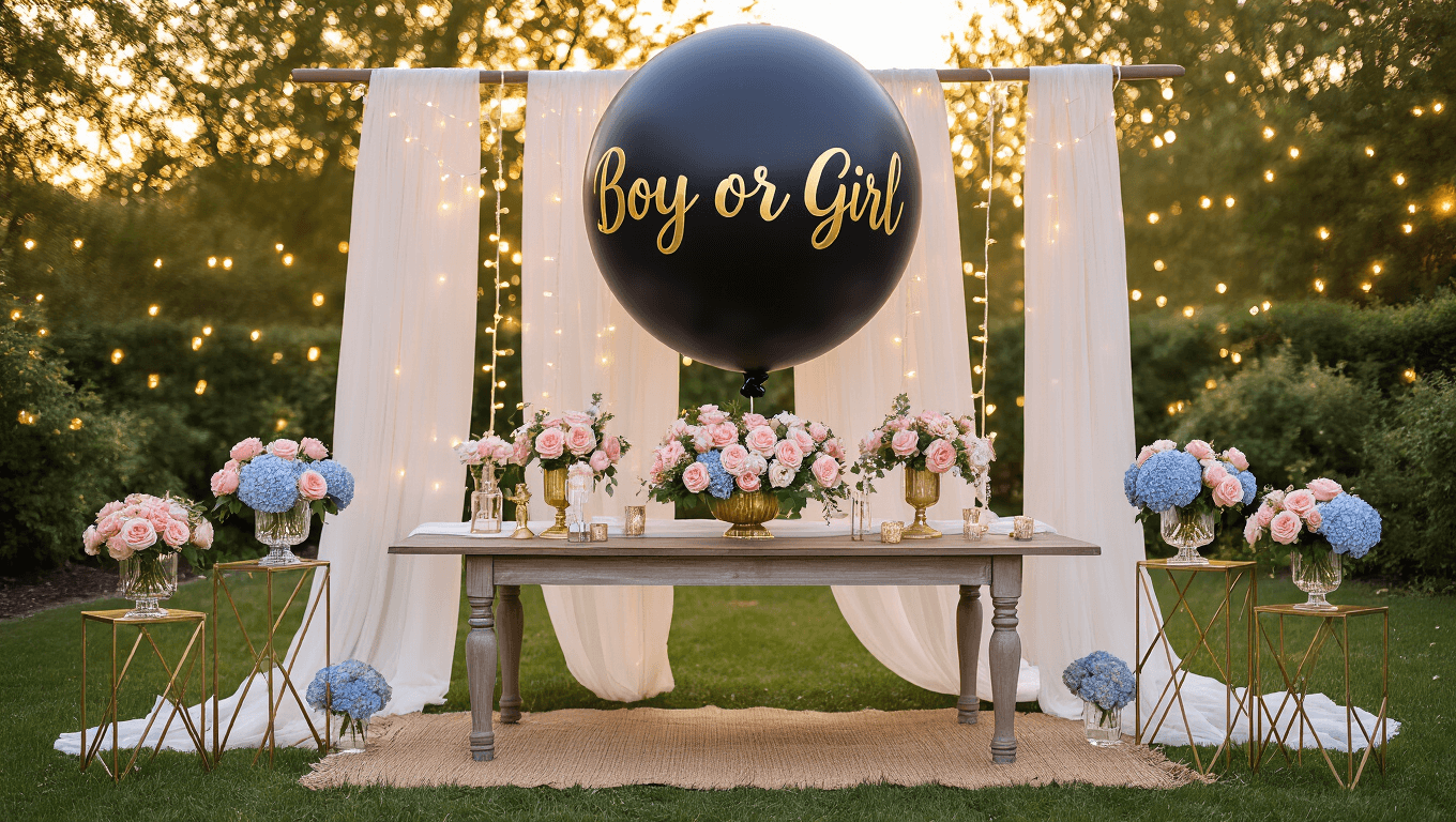 A luxurious gender reveal party setup in a garden at golden hour, featuring a large matte black balloon with gold lettering over a vintage wooden table draped in white chiffon. Surrounded by gold stands with blush pink roses and blue hydrangeas, string lights create a bokeh effect, with a gold balloon arch reading "Boy or Girl?" and scattered rose petals enhancing the scene.