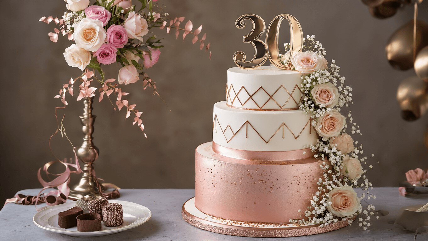 A luxurious three-tiered birthday cake with rose gold ombré fondant, intricate white buttercream piping, a gold "30" topper, and fresh flowers, displayed on a silver cake stand against a charcoal grey background, featuring dramatic lighting and hyperrealistic detail.