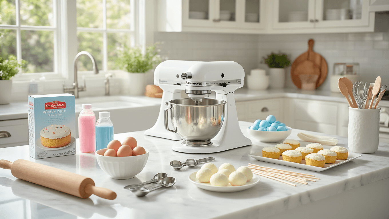 Photorealistic overhead view of a marble countertop with baking ingredients for gender reveal cookies, featuring mixing bowls with butter, sugar, and flour, pink and blue gel food coloring, a stand mixer, and hands shaping cookie dough, illuminated by natural sunlight.