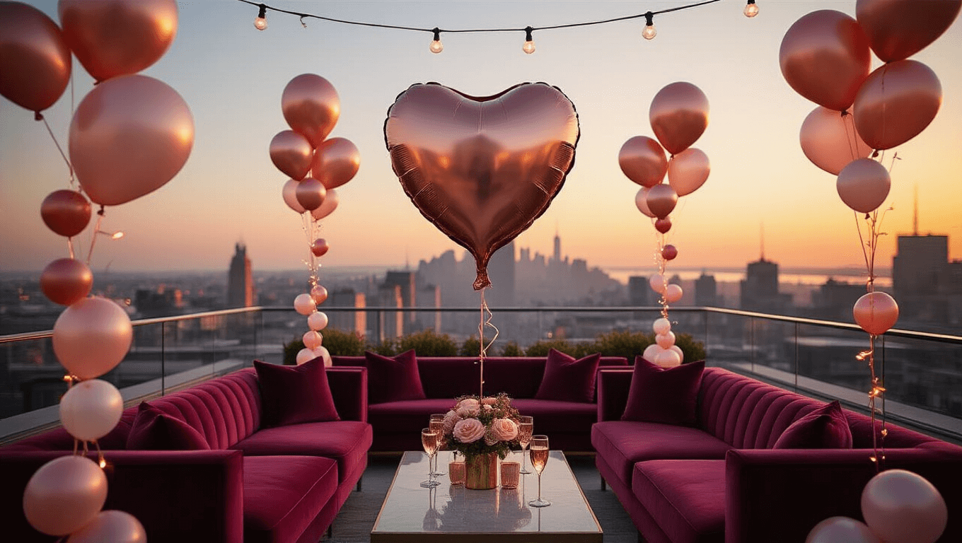A stunning rooftop terrace at sunset adorned with elegant heart-shaped metallic balloons, plush burgundy seating, cascading balloon garlands, and twinkling string lights, creating a romantic celebration atmosphere.