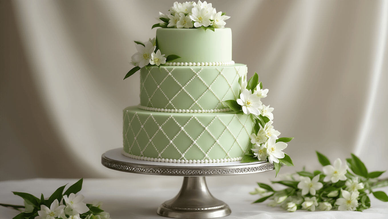 Photorealistic three-tiered wedding cake with pale green layers, adorned with fresh jasmine flowers and pearl detailing, displayed on a silver pedestal against a soft-focus neutral backdrop.