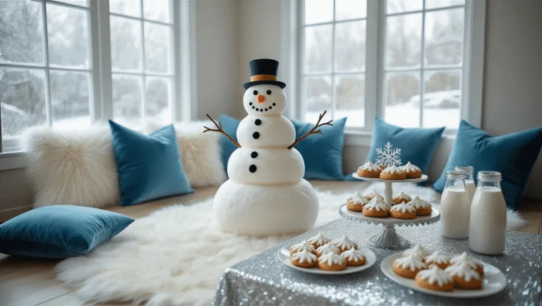 A cozy living room decorated for a snowman-themed birthday party, featuring a luxurious white faux fur rug, oversized icy blue velvet pillows, and a professional dessert display with a 3-tiered cake, snowflake cookies, and hot chocolate milk bottles, all accented by twinkling fairy lights and handcrafted snowflakes.