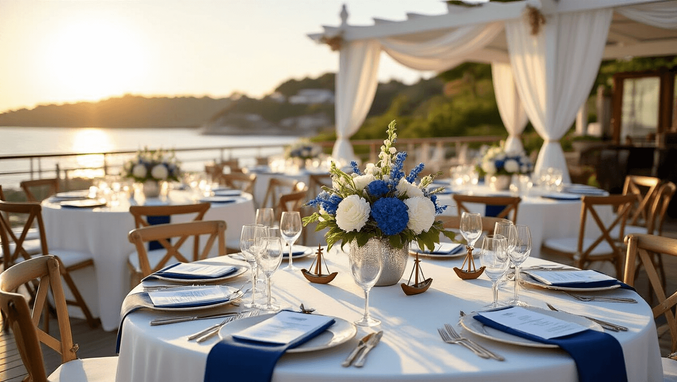 Cinematic view of an upscale nautical-themed terrace party setup, featuring elegant round tables with white linens, navy blue runners, floral centerpieces in silver anchor vases, vintage maritime decor, and soft golden hour lighting.