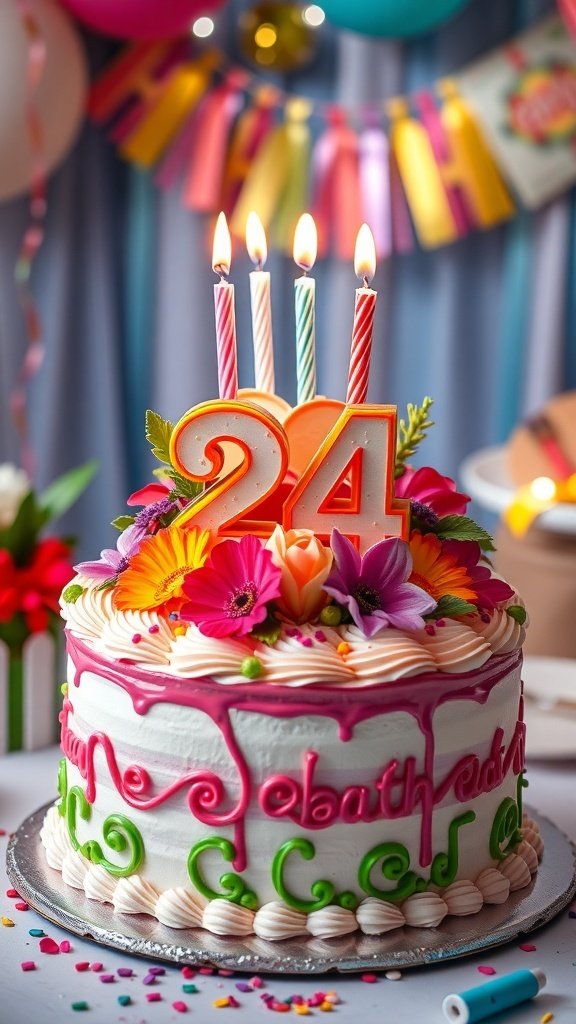 10 Best Cake Recipes to Try This September 2025 A beautifully decorated 24th birthday cake with colorful flowers and candles.