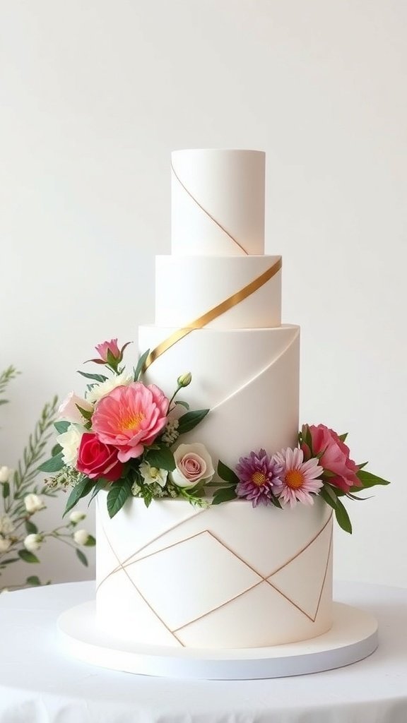 10 Best Cake Recipes to Try This September 2025 A modern wedding cake with a sleek white design, gold accents, and colorful flowers.