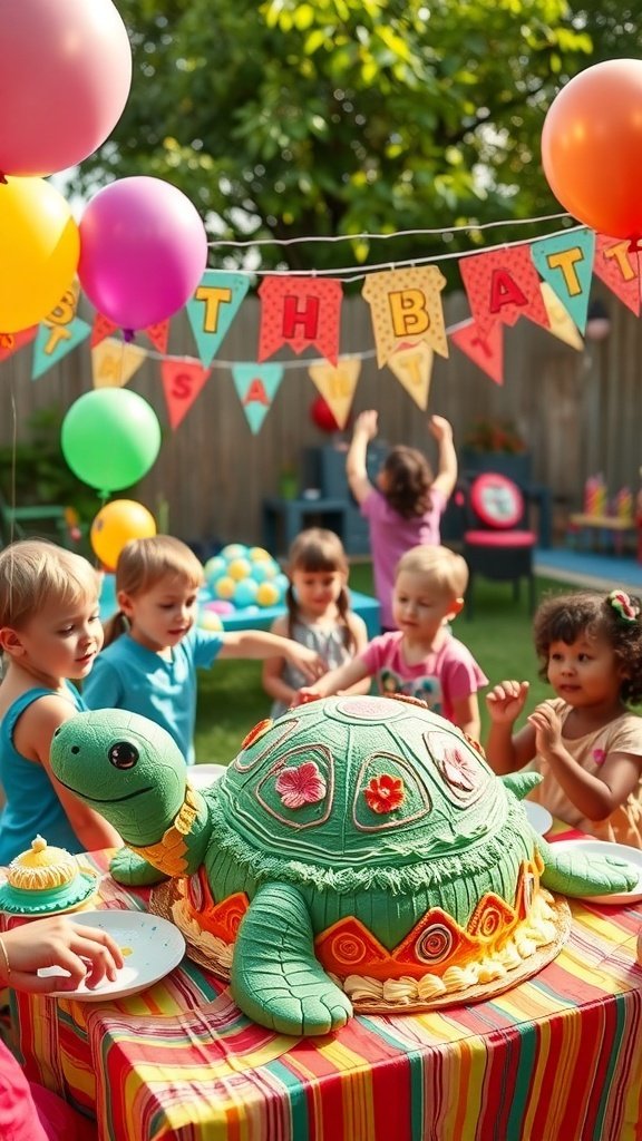 Children celebrating a turtle-themed birthday party with a turtle cake and colorful decorations.