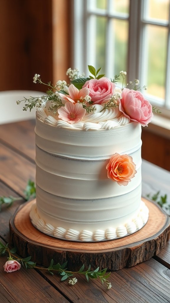 10 Best Cake Recipes to Try This September 2025 A simple wedding cake decorated with pink roses and white flowers on a wooden table.