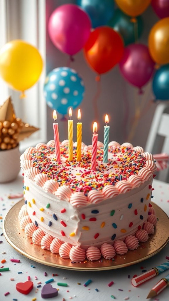 10 Best Cake Recipes to Try This September 2025 A colorful birthday cake with candles and sprinkles, surrounded by balloons.