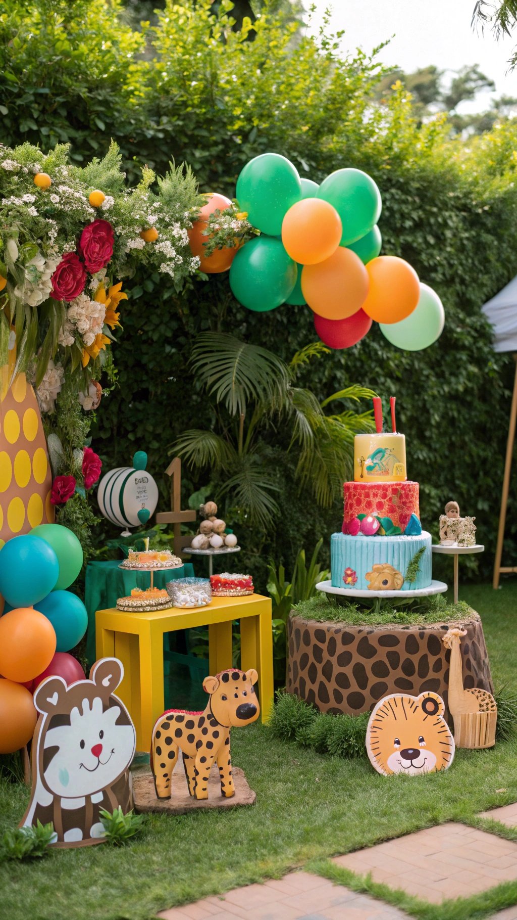 A colorful Wild One birthday party setup featuring a cake, balloons, and animal decorations.