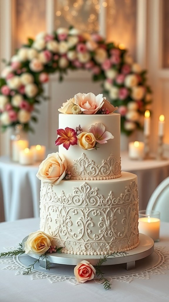 10 Best Cake Recipes to Try This September 2025 A beautifully decorated two-tier wedding cake with floral accents and intricate designs.