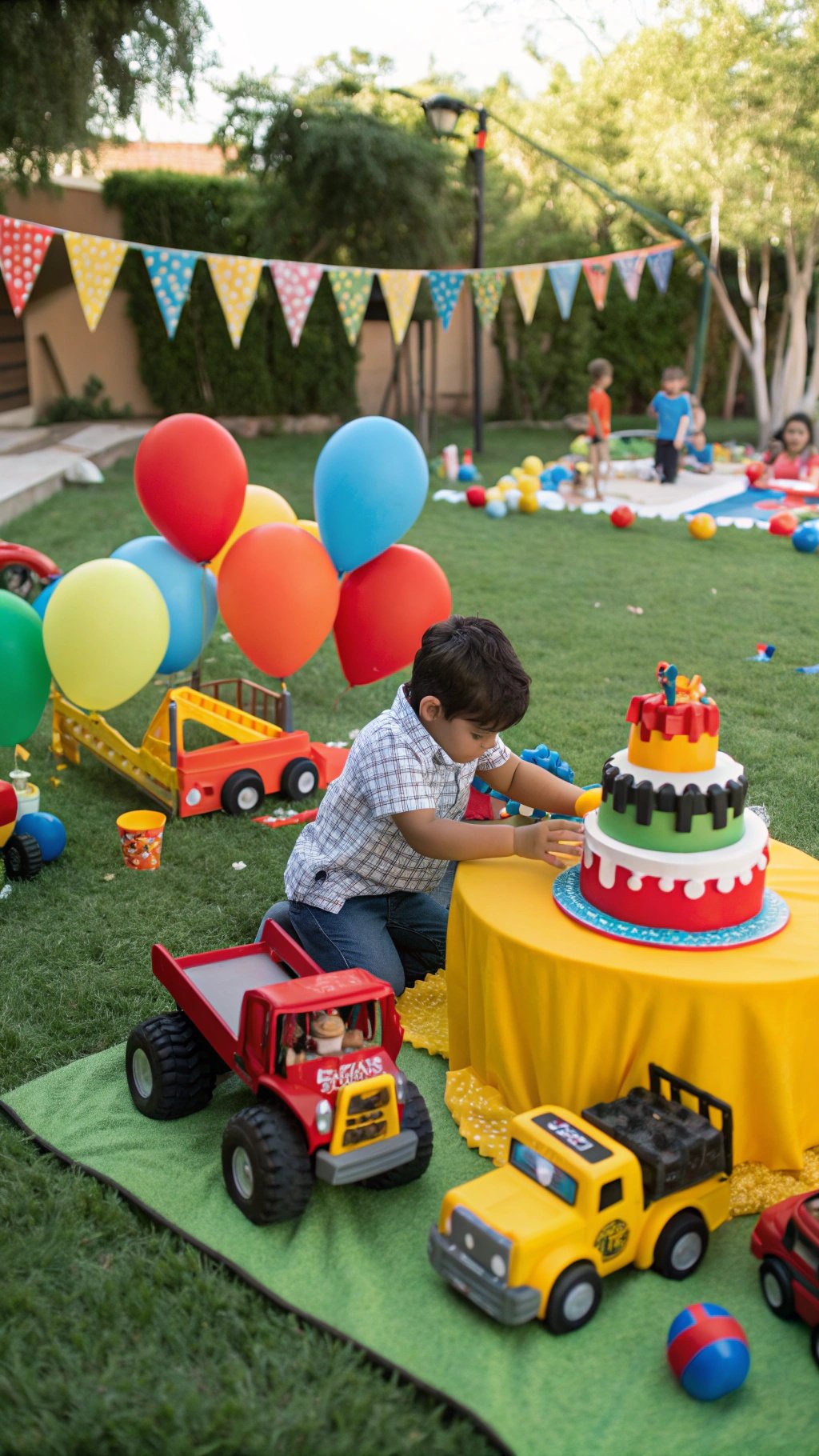 A colorful truck-themed birthday party setup with balloons, banners, and children playing with toy trucks.
