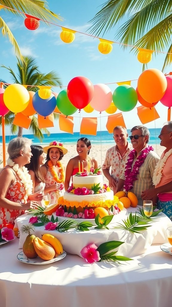 A vibrant tropical birthday party with decorations, cake, and happy guests.