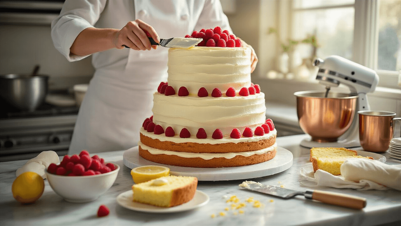 Photorealistic image of a luxurious three-tiered wedding cake being assembled in a sunlit kitchen, featuring pearl-white buttercream, fresh raspberries, and lemon zest scattered on a marble counter, with a baker's hands smoothing the frosting, surrounded by professional baking tools and warm wood accents.