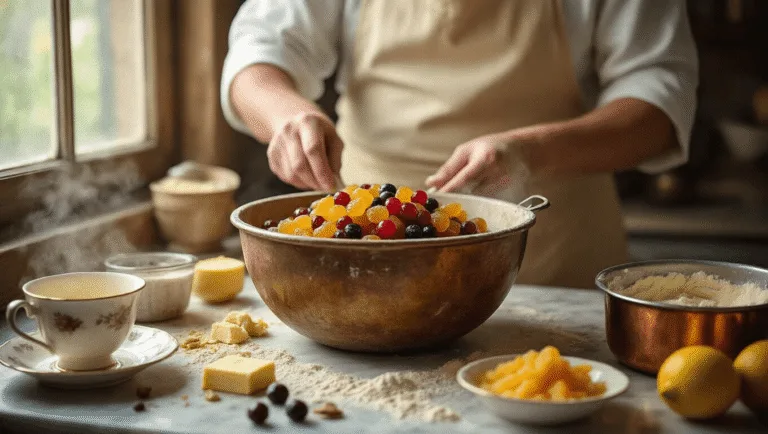 Close-up of a rustic kitchen with dramatic lighting, featuring a weathered wooden bowl filled with brandy-soaked dried fruits for a traditional fruit wedding cake, surrounded by measured ingredients, a vintage copper stand mixer, and steaming teacup, all in warm tones and moody lighting.