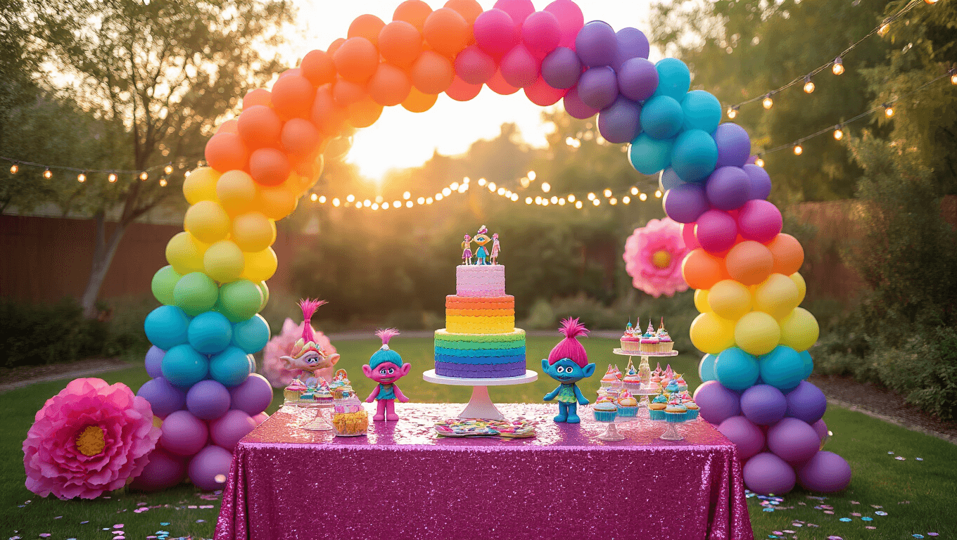 A vibrant backyard birthday party setup featuring a large rainbow balloon arch, a pink sequin dessert table with a three-tiered rainbow cake and Trolls figurines, oversized tissue flowers, character-themed cupcakes, and a DIY photo booth with a colorful streamer backdrop, all illuminated by warm string lights.
