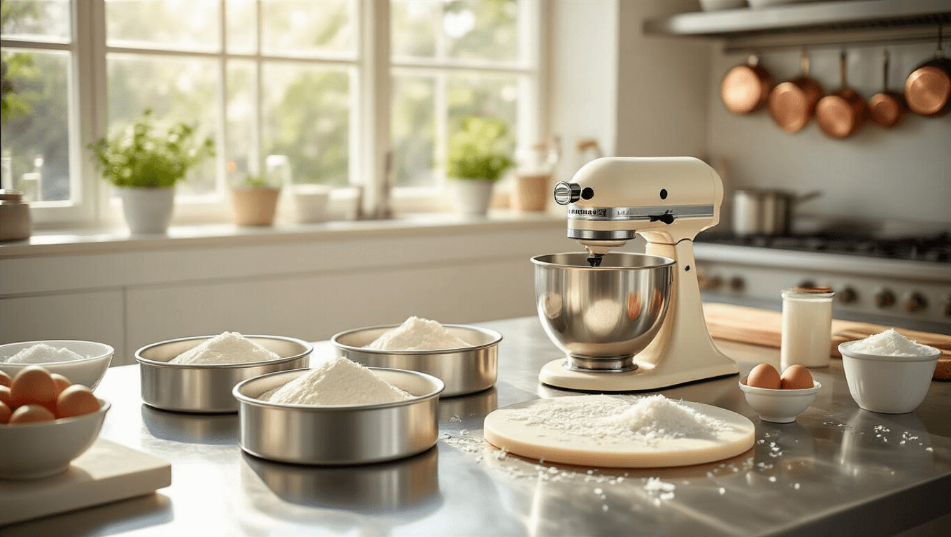 Photorealistic image of a sunlit professional kitchen with lined round cake pans on stainless steel counters, featuring a cream-colored KitchenAid stand mixer, measured baking ingredients, and a marble pastry board with coconut flakes, all captured in soft, natural lighting.