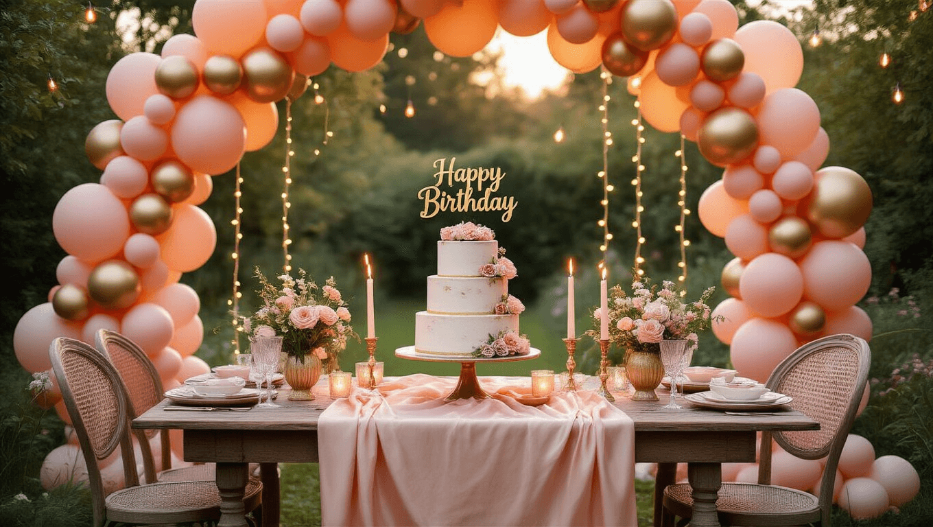 A whimsical outdoor birthday celebration in an enchanted garden, featuring a rustic table with a blush pink silk tablecloth, surrounded by vintage chairs, and framed by a peach and gold balloon arch; a three-tier naked cake adorned with flowers and a 'Happy Birthday' topper is central, with candle holders casting warm light and fairy lights overhead.