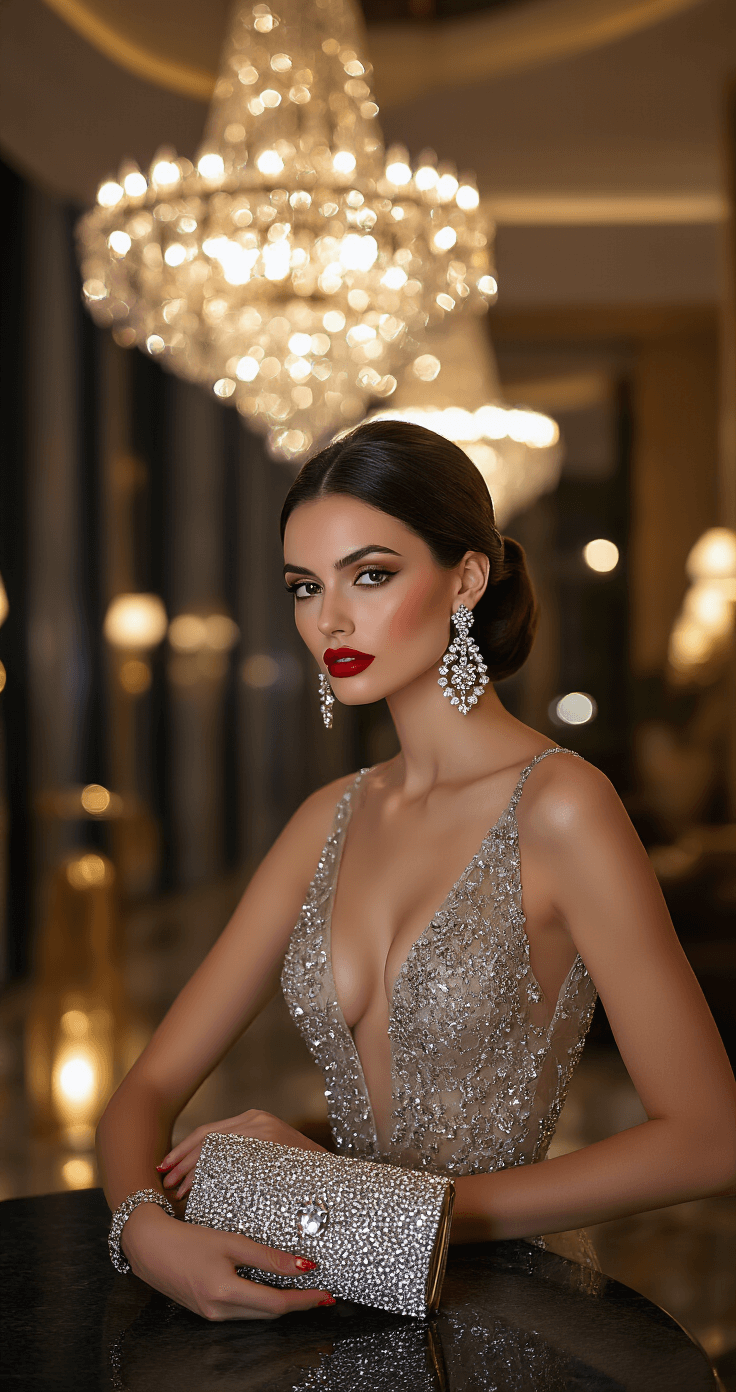 The Ultimate Guide to Styling a Champagne Satin Wrap Dress: From Day to Night A glamorous hotel lobby at night featuring a woman in a stunning dress, crystal-embellished clutch, and statement drop earrings, illuminated by ambient lighting from crystal chandeliers, showcasing a sophisticated evening look with a bold red lip and sleek updo.