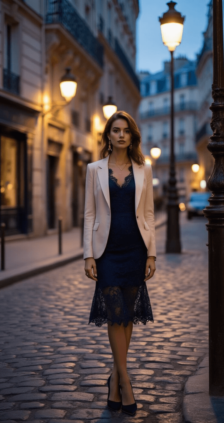 Romantic Lace Tea-Length Dresses: Your Ultimate Style Guide for 2024 A model in a navy lace tea-length dress and cream blazer stands on a cobblestone street corner in Paris at dusk, illuminated by warm streetlamp glow, with historic architecture in the background. Antique brass jewelry glints in the evening light, and she pairs her outfit with closed-toe velvet pumps.