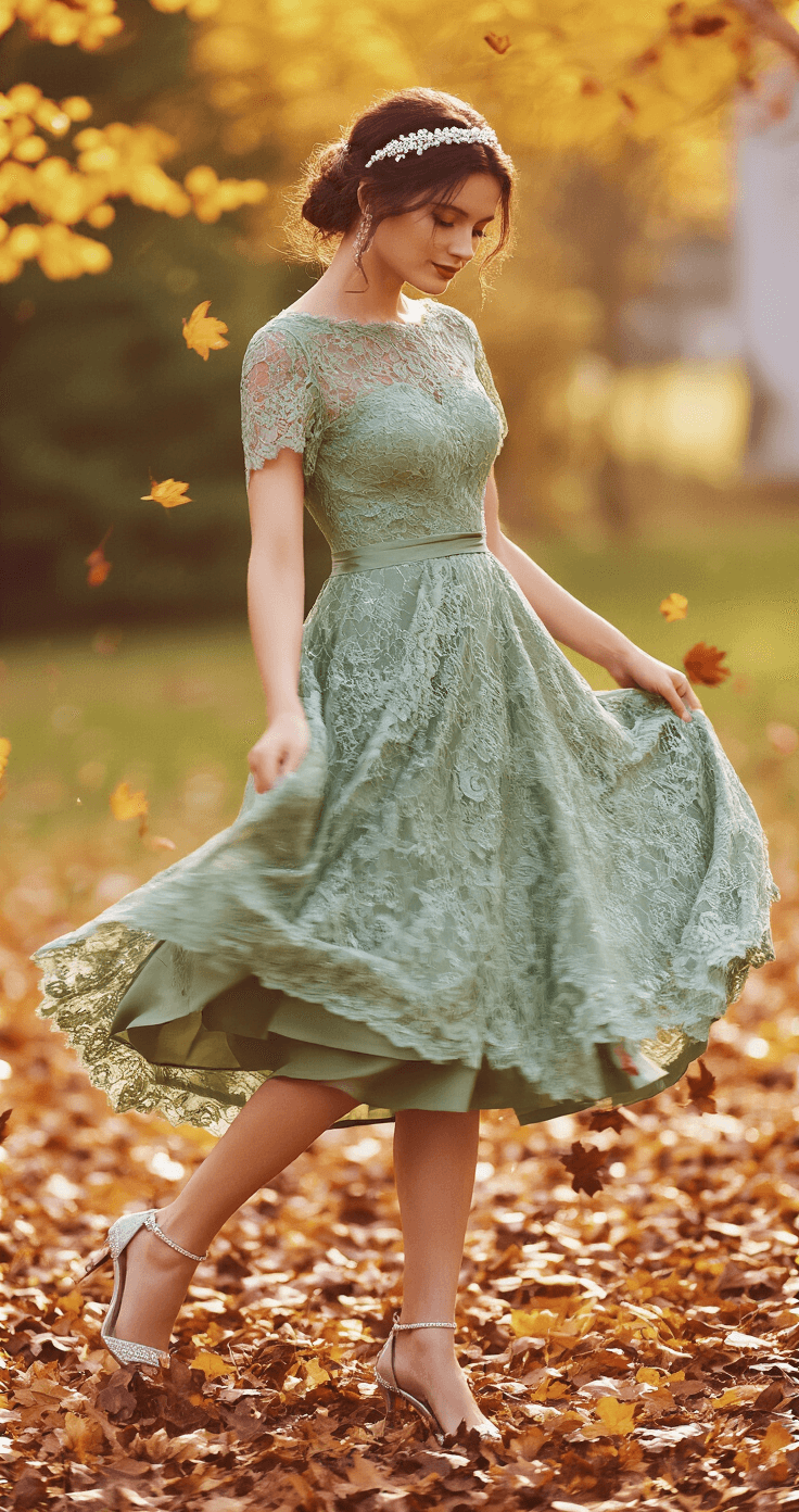 Romantic Lace Tea-Length Dresses: Your Ultimate Style Guide for 2024 A model in a sage green lace tea-length dress twirls gracefully amidst an autumn garden wedding setting, showcasing her crystal-embellished heels and a pearl headband, with fallen leaves adding natural texture to the ground, captured in an action shot with slight motion blur in warm autumn colors.