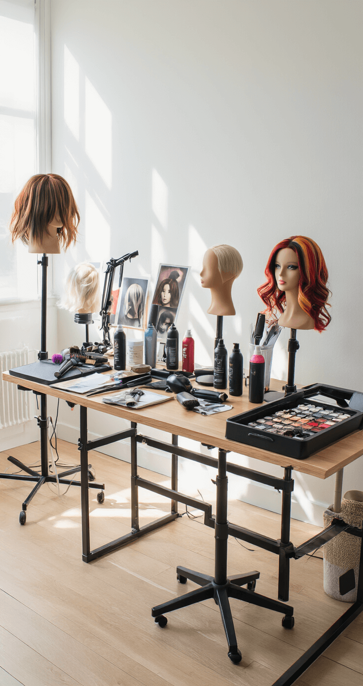 A minimalist home studio with white walls and wooden floors, filled with afternoon sunlight, featuring a wig-styling setup. Various wigs on stands, styling tools, and reference photos are neatly arranged, alongside organized heat-styling tools and specialized products. A beautifully styled character wig showcases intricate techniques and vibrant colors.